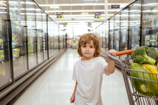 Niño americano con carrito de compras en la tienda de comestibles. Un chico está de compras en un supermercado.. —  Fotos de Stock