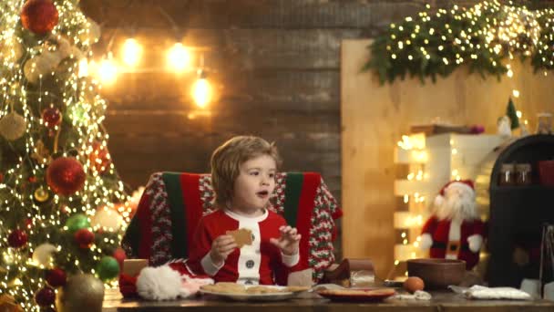 Tomtens hjälpreda äter kakor. God Jul och Gott Nytt År. — Stockvideo