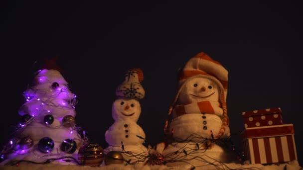 Niedliche Schneemänner in dunkler Kleidung stehen im Schnee. Große schwarze Stehlampe hinter Schneemännern. Nachtfoto von der Winterinstallation — Stockvideo