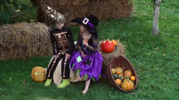 Kisgyerekek Halloween jelmezben. Boldog család készül az ünneplésre. A vicces gyerekek édes trükköket esznek. Csokit vagy csalunk. Fiú és lány sütőtököt faragnak. — Stock videók