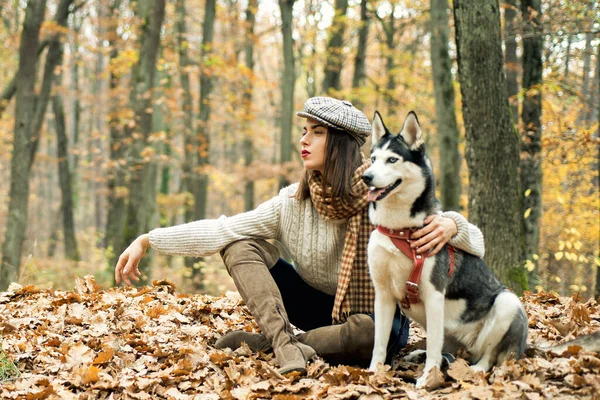 Mädchen gehen gerne mit Husky-Hund spazieren. Siberian Husky Lieblingstier. Tierhaltung. Mädchen ziemlich stylische Frau spazieren mit Husky Hund Herbst Wald. Tierdressur. Stammhundekonzept. Beste Freunde — Stockfoto