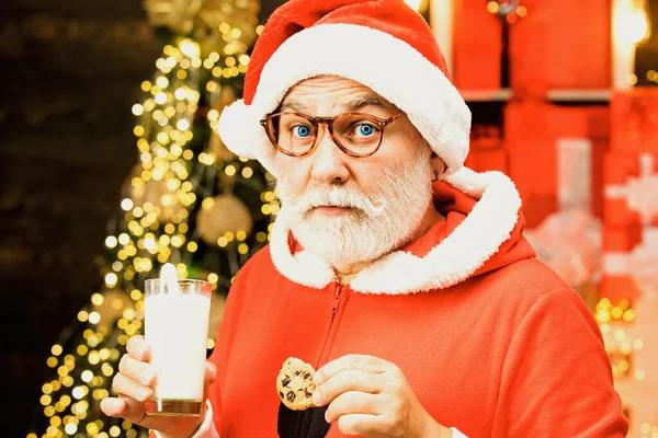 Mikołaj robi śmieszne miny i wybiera ciasteczka. Santa Claus gospodarstwa Boże Narodzenie ciasteczka i mleko na tle choinki. — Zdjęcie stockowe