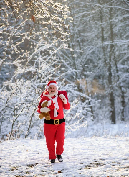 Jultomten med stor röd säck. God jul och nyårskoncept, fullängdare. — Stockfoto