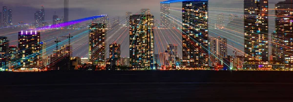 Miami, Florida, USA skyline on Biscayne Bay, city night backgrounds. Miami skyline at night - panoramic image.