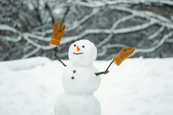Feliz invierno. Muñeco de nieve el amigo está de pie en sombrero de invierno y bufanda con nariz roja. Feliz muñeco de nieve divertido en la nieve. Hacer muñeco de nieve y diversión de invierno. — Foto de Stock