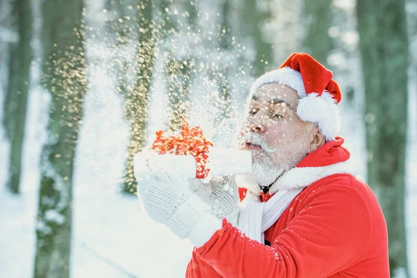 Santa blowing snow - funny face. Santa Claus coming to the winter forest with a bag of gifts on snow landscape. Santa in the winter field. — Stock Photo, Image