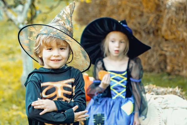 Due bambini come scheletro o strega pronti per dolcetto o scherzetto. Sorpreso piccolo zombie di gruppo in costume di Halloween mangiare trattare, candele dolci calaverita. — Foto Stock