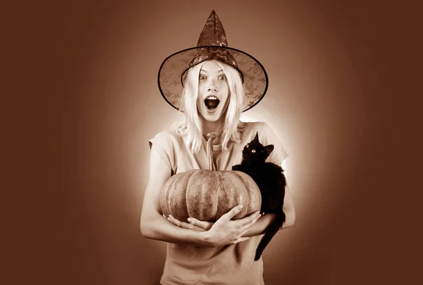 Cadı kız, siyah şapkalı cadılar bayramı cadısıyla oynuyor. Kara kedi balkabağına oturur. Cadı kız siyah kedi yavrusuyla oynuyor. Komik surat. Çılgın insanlar.. — Stok fotoğraf