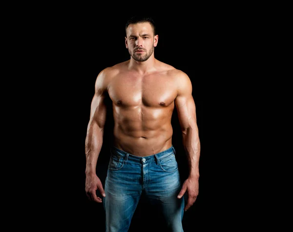 Topless shirtless male model. Naked bodybuilder. Handsome masculine man on black. — Stock Photo, Image