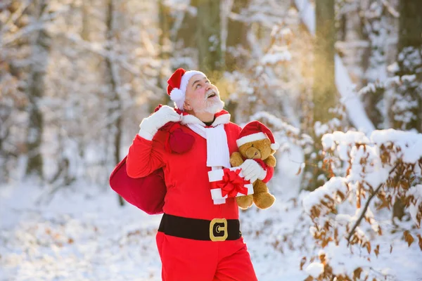 Santa vindo para a floresta de inverno com um saco de presentes, paisagem de neve. — Fotografia de Stock