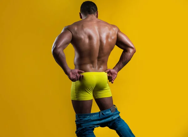 Pantalones gay abajo. Hombres desnudos espalda y hombros en aislado en amarillo. Concepto metrosexual. Un hombre sexy desvestido sin camisa. Nalgas masculinas. —  Fotos de Stock