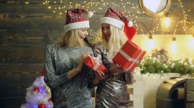 Lezbiyen çift Noel 'i kutluyor. Hediyeli iki seksi lezbiyen kız arkadaş. Evde yeni yıl partisi. Tatil konseptinde genç lezbiyen.