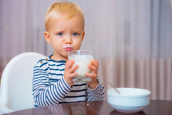 Coma saudável. A criança a comer qualquer coisa. Nutrição saudável. Bebe leite. Criança segura copo de leite. Garoto bonito menino sentar à mesa com prato e comida. Comida saudável. Menino bebê bonito tomando café da manhã. Nutrição do bebê — Fotografia de Stock