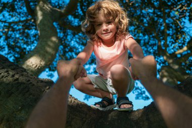 Baba oğlunun ağaca tırmanmasına yardım ediyor. Ormandaki çocuk kırsalda ağaca tırmanıyor. Babaların eli. Çocuk koruması.