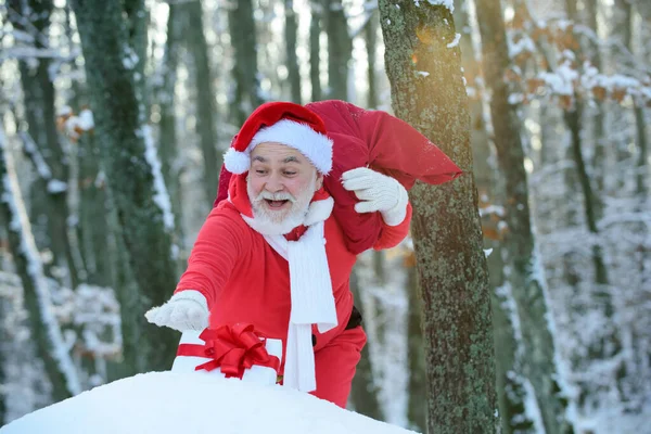 Père Noël marchant vers la forêt d'hiver avec un sac de cadeaux, paysage de neige. Bonne année. — Photo