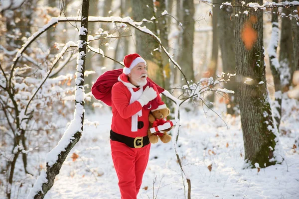 Дедушка Санта-Клауса доставляет подарки в снежную зимнюю гору. Новый год и Рождество. — стоковое фото