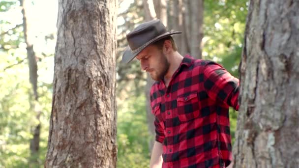 Ένας όμορφος νεαρός με γενειάδα κουβαλάει ένα δέντρο. Κομψός νεαρός που παριστάνει τον ξυλοκόπο. Ξυλοκόπος που περπατάει στο δάσος με τσεκούρι. Ο ξυλοκόπος που δουλεύει σε δάσος. — Αρχείο Βίντεο