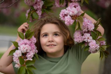 Çocuk yüzünün etrafına bahar çiçekleri. Çiçek açan bahar bahçesindeki çocuk. Çocuğun yüzü bahar çiçeklerine yakın. Bahar bahçesinde rüya gibi çocuk yüzü