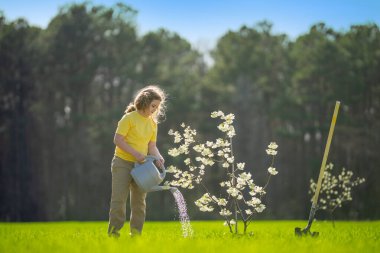 Bahçede ağaç yetiştiren bir çocuk. Çocuk kürekle toprak kazıyor ve ağaç dikiyor. Çocuk bahçıvan meyve ağaçları yetiştiriyor. Çocuklarla ağaç yetiştirmek. Çocuklar için bahçe işleri. Kürekli çocuk ağaç yetiştiriyor.