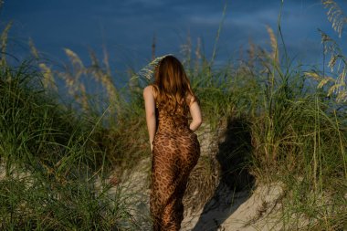 Yaz tarlasında giyinmiş şehvetli bir kadın. Doğada yaşayan genç bir kız. Uyumlu yaşam tarzı konsepti. Moda elbisesi içinde baştan çıkarıcı bir kadın. Vogue tarzı açık hava. Şık ve seksi bir model. Vogue görünüşü ve şehvetli