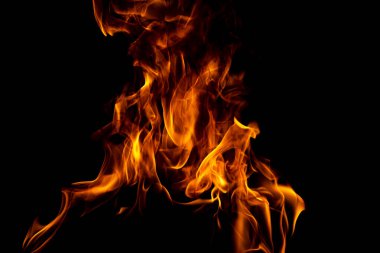 Yangın alevleri siyah arka planda izole edildi. Ateş yakma alevi izole, yanan sanat tasarımı kavramı ve metin için boşluk