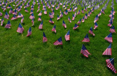 Amerikan bayrağı. Amerikan bayrağı dalgalanıyor. 4 Temmuz 'da vatansever bir kutlama. Bağımsızlık Günü. Çimlerin üzerinde Amerikan bayrakları. Amerikan bayrağı. Anma Günü. Amerikan bayrakları. Amerika Birleşik Devletleri bayrağı yeşil çimlerde