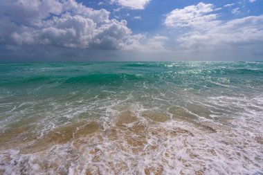 Tropik sahil şeridi. Egzotik deniz plajı. Köpüklü deniz dalgaları. Güneşli deniz plajı tatili. Deniz kıyısı tatili