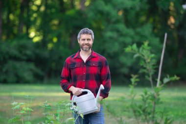 Bahçede ağaç yetiştiren olgun bahçıvan. Bahçede bahçıvan sulama ağacı. Meyve ağacı ve meyve bahçesinin yanında kürekli bahçe. Meyve ağaçlı bahçe. Bahçıvan meyve bahçesinde ağaç dikiyor.