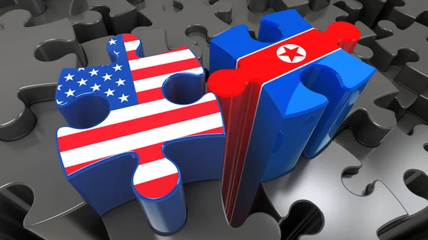 USA and North Korea flags on puzzle pieces. Political relationship concept. 3D rendering