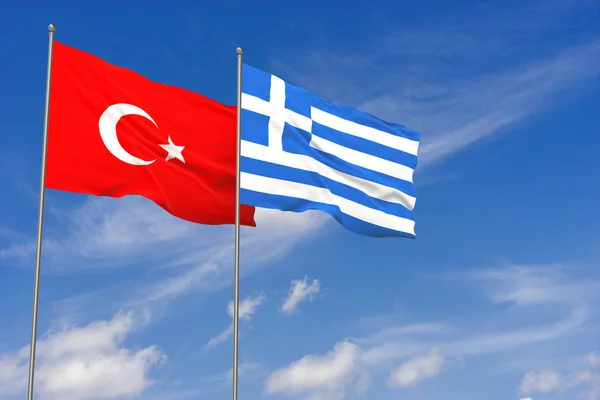 Turkey and Greece flags over blue sky background. 3D illustration