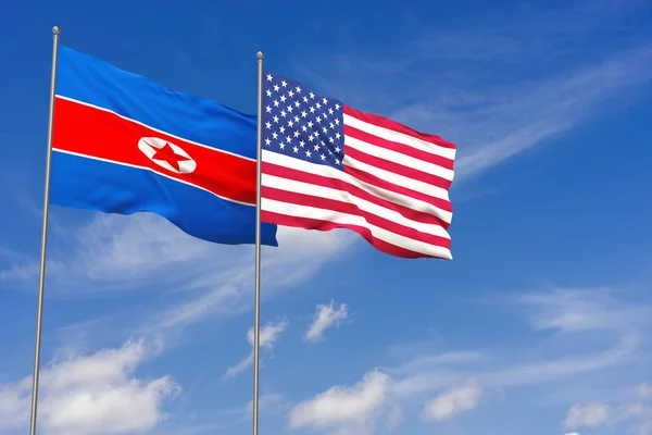 North Korea and USA flags over blue sky background. 3D illustration