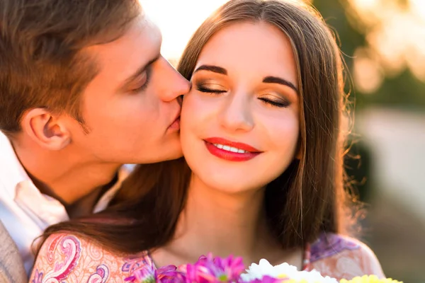 Close Portrait Young Smiling Beautiful Couple Romantic Date Man Kissing — Stock Photo, Image