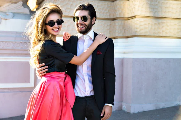 Young Beautiful Sexy Couple Hugging Street Enjoying Romantic Date Bright — Stock Photo, Image