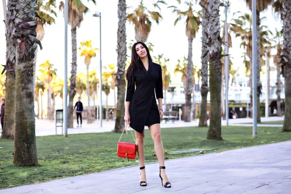 Bela Mulher Posando Rua Com Bolsa — Fotografia de Stock