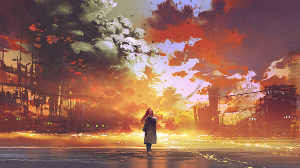 Woman standing on the sea looking at the burning city, digital art style, illustration painting