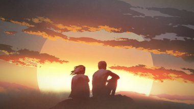 silhouette of a young couple sitting on a rock looking at the sunset, digital art style, illustration painting clipart