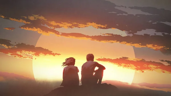 Silhouette Young Couple Sitting Rock Looking Sunset Digital Art Style — Stock Photo, Image