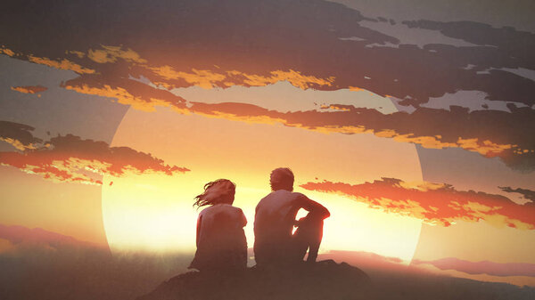 Silhouette Young Couple Sitting Rock Looking Sunset Digital Art Style Royalty Free Stock Images