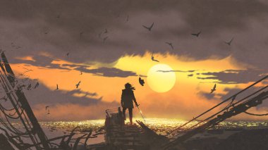 the pirate with a sword standing on ruins of boat and looking at golden treasures at sunset, digital art style, illustration painting clipart
