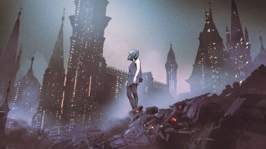 fütüristik city, dijital sanat tarzı, karşı elektronik atık yığınları üzerinde duran cyborg kadın dijital boyama