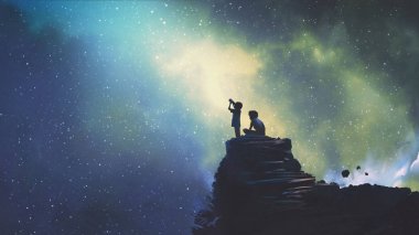 gece çekimi iki kardeşin açık havada bir teleskop aracılığıyla seyir llittle çocuk yıldız gökten, dijital sanat tarzı, resim illüstrasyon