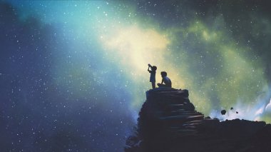 night scene of two brothers outdoors, llittle boy looking through a telescope at stars in the sky, digital art style, illustration painting clipart