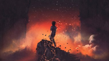 man shattered into pieces standing a lava rock in surreal place, digital art style, illustration painting clipart