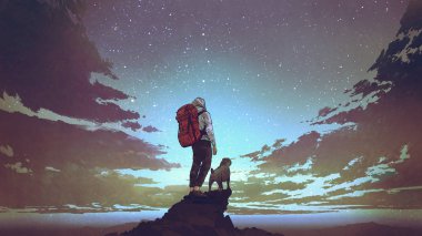 sırt çantası ve kayanın üzerinde duran ve yıldız gece gökyüzü, dijital sanat tarzı, resim illüstrasyon bakarak bir köpekle birlikte genç fiyatı