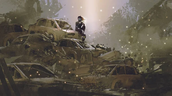 Post Apocalyptic Scene Showing Woman Mask Sitting Pile Wrecked Cars — Stock Photo, Image