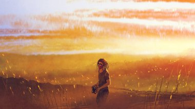 bir kamera konumu günbatımı dağlar, dijital sanat tarzı, resim illüstrasyon karşı olan genç yolcusu