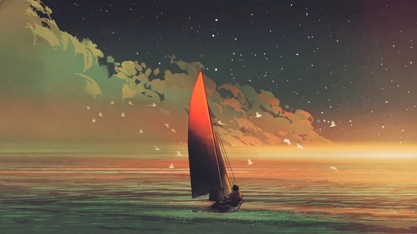 Jacht Morzu Wieczorem Światło Słoneczne Styl Sztuka Cyfrowa Ilustracja Malarstwo — Zdjęcie stockowe