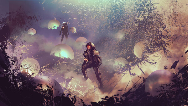astronauts found mysterious glowing balls, digital art style, illustration painting