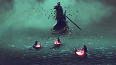 bir teknede parlak ruhlar ile karanlık erkekler tanışmak azrail, dijital sanat tarzı, resim illüstrasyon