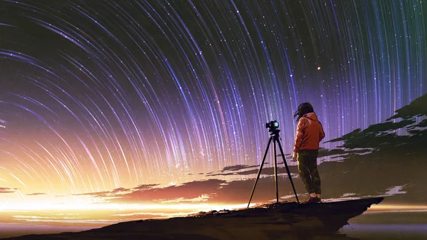 Young Photographer Taking Picture Sunrise Sky Star Trails Digital Art — Stock Photo, Image